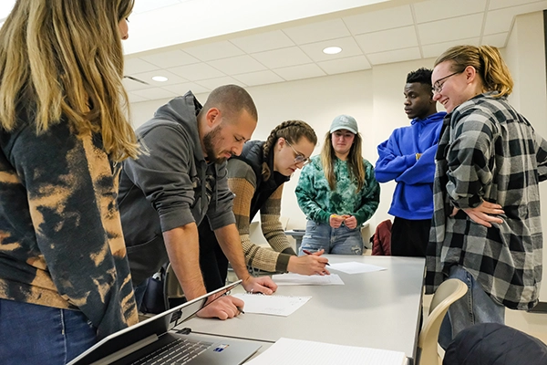 Business students collaborating in a classroom