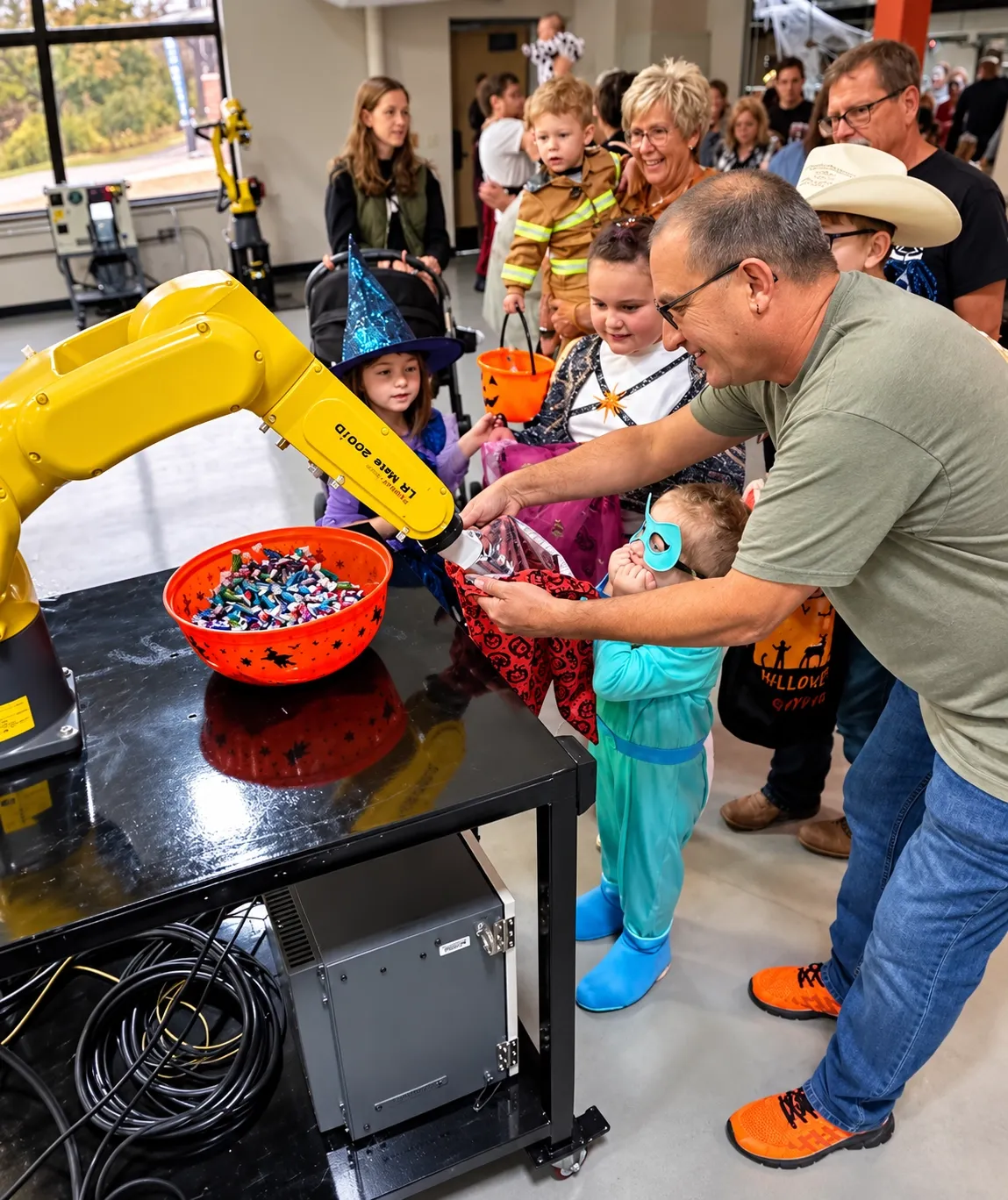 Children trick or treating from a robot.
